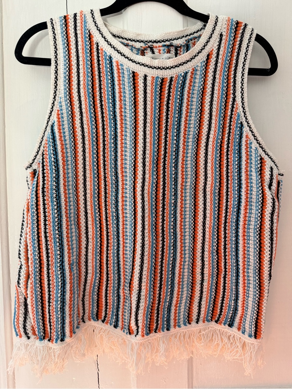 Sleeveless Striped Knit Fringe-Trim Tank - White, Orange & Blue